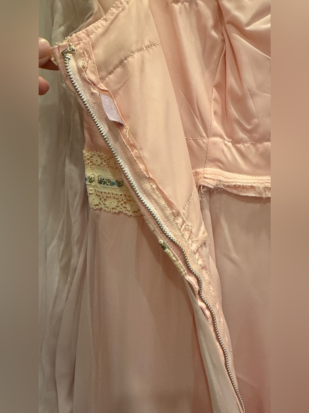 Vintage 1970s Pink Chiffon Prairie Maxi Dress Gown Ribbons Lace Trim XS S Boho - Picture 14 of 17